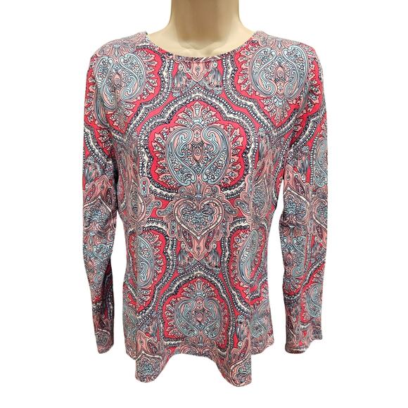 Talbots NWOT Medallion pink LP Large PETITE pima soft 3/4 sleeve top bright fun - Picture 1 of 6